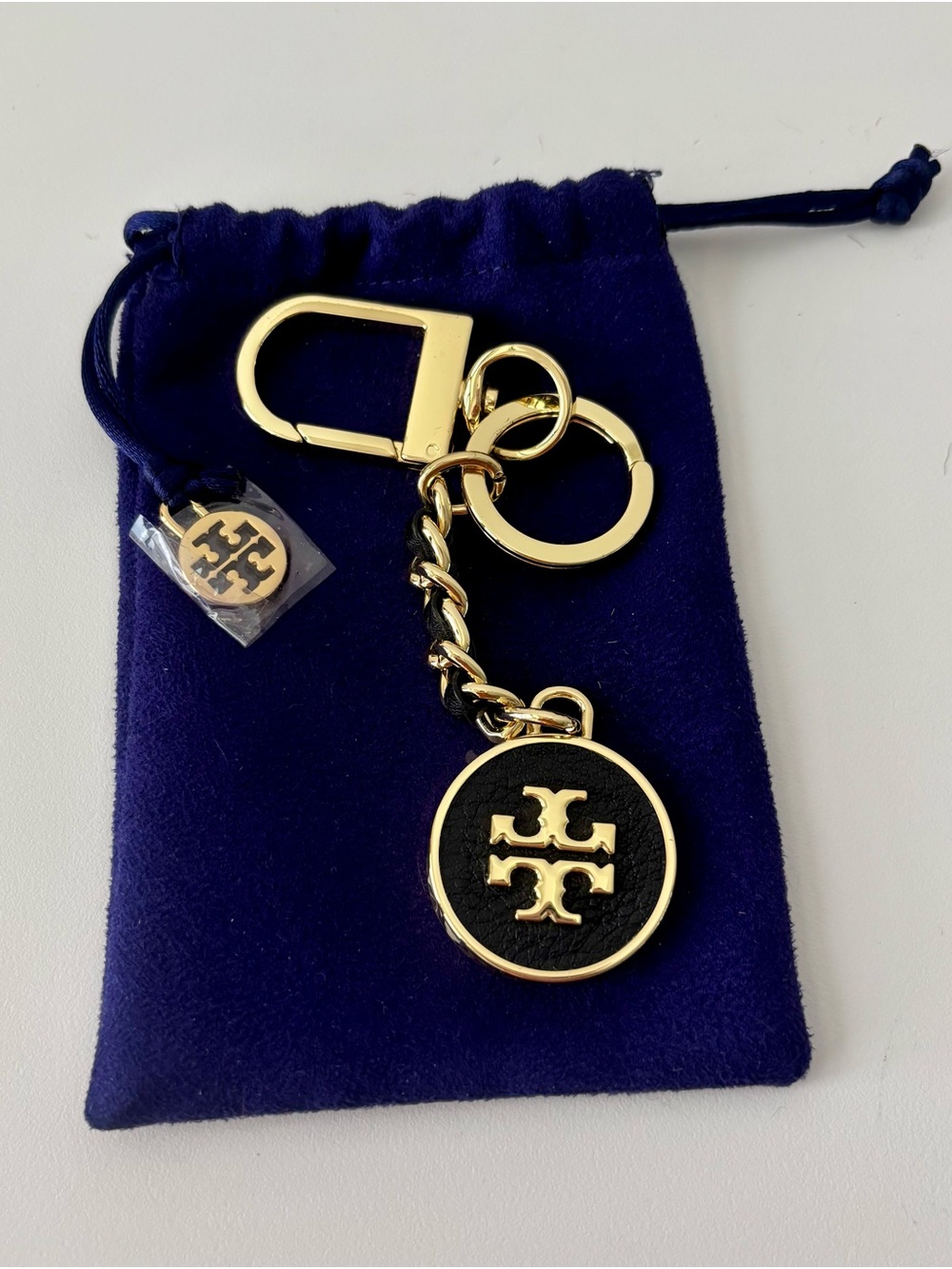 Tory Burch Black and Gold Round Logo Key Chain/ Key Fob / Bag Charm